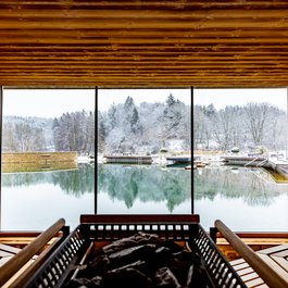 Holzsauna mit Blick auf ein Außenbecken und verschneite Bäume