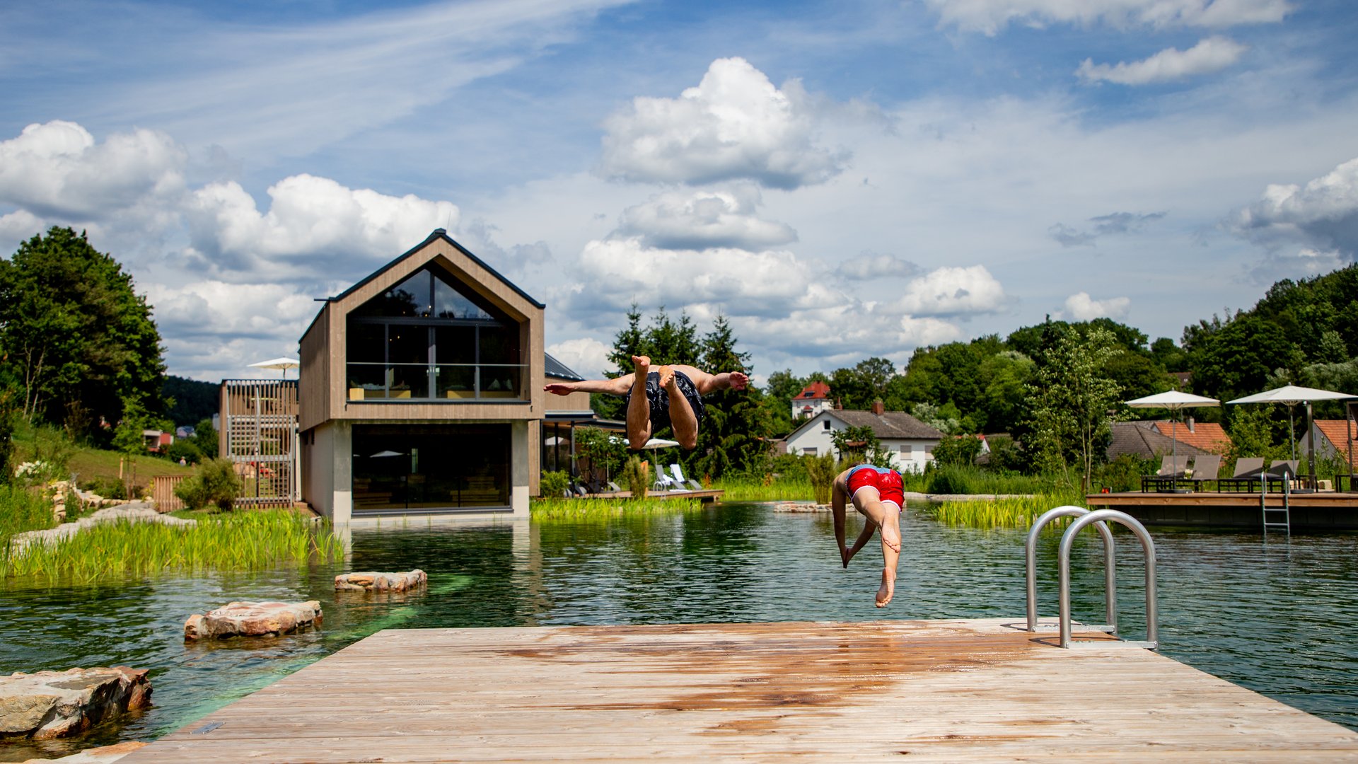 Zwei Männer springen vom Steg in natürlichen Schwimmteich vor modernem Haus