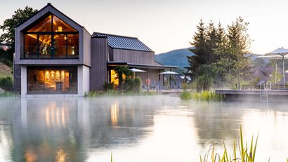 Maison moderne au bord d'un lac brumeux avec éclairage et terrasse